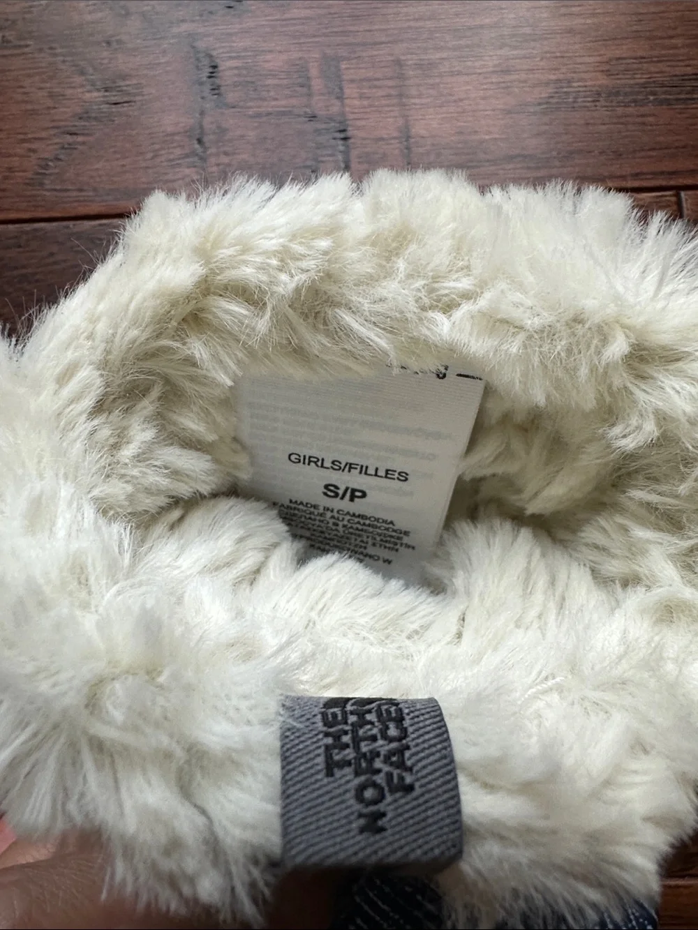Girls The North Face Navy Quilted Mittens with Cream Faux Fur Cuffs